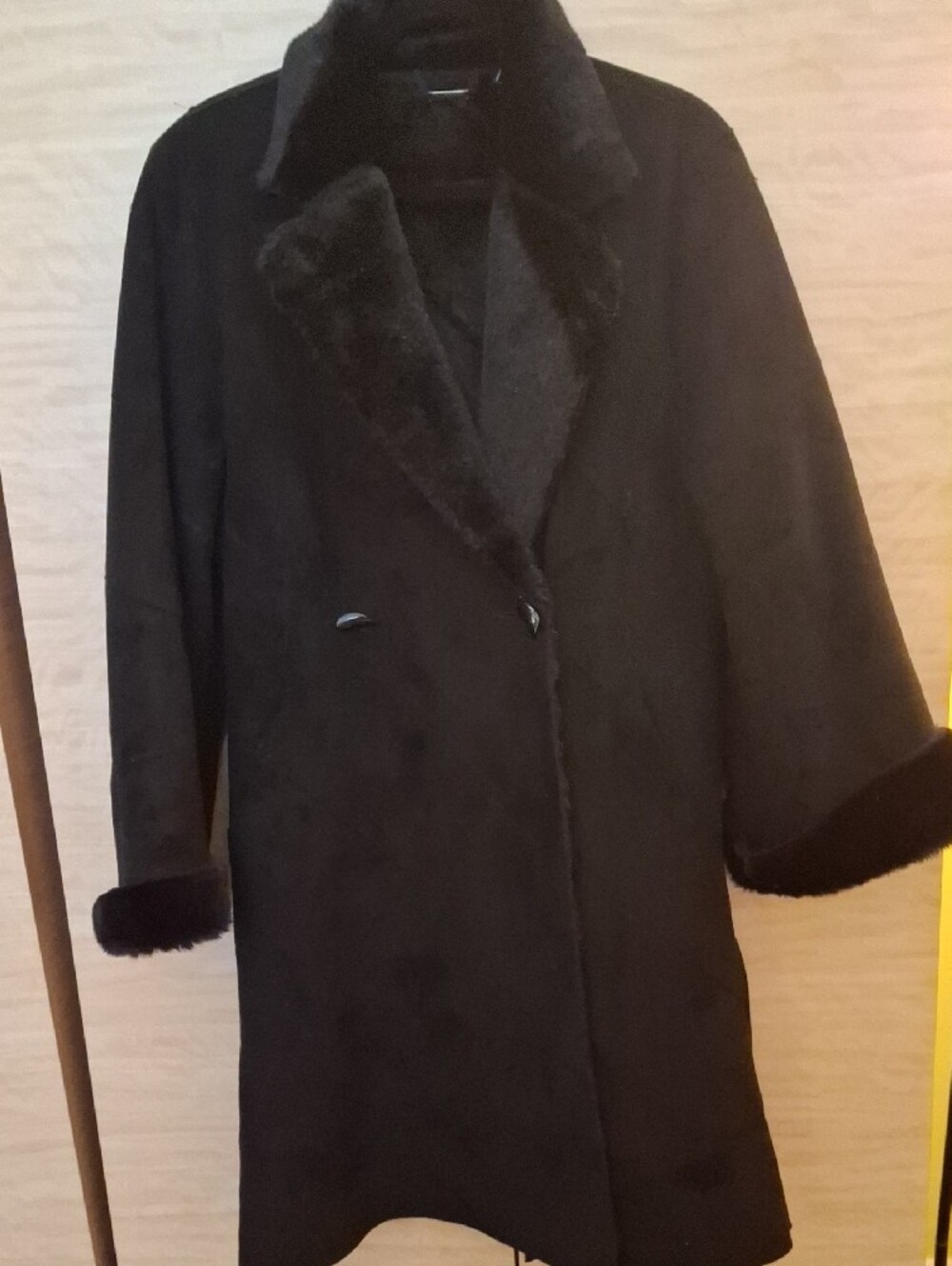 Women's Black Trench Coat with Faux Fur Cuff Trim